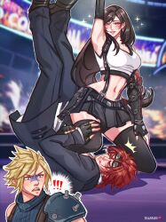 Rule 34 | !, !!, 1girl, 2boys, arm up, armor, armpits, artist name, bare shoulders, bike shorts under skirt, black gloves, black hair, black skirt, black sports bra, black thighhighs, blonde hair, blue sweater, blurry, blurry background, blush, breasts, closed eyes, cloud strife, commentary, crop top, duel, earrings, elbow gloves, english commentary, final fantasy, final fantasy vii, final fantasy vii rebirth, final fantasy vii remake, fingerless gloves, gloves, goggles, goggles on head, hand on another&#039;s leg, highres, jacket, jewelry, kneeling, large breasts, legs up, long hair, looking at viewer, low-tied long hair, lying, midriff, multiple boys, narrow waist, navel, on back, open mouth, pants, parted lips, photo-referenced, pink lips, red eyes, reno (ff7), ribbed sweater, rivarizu, shaded face, short hair, shoulder armor, single bare shoulder, single earring, skirt, sleeveless, sleeveless turtleneck, sparkle, spiked hair, sports bra, suit jacket, suspender skirt, suspenders, sweater, swept bangs, tank top, thighhighs, tifa lockhart, tokyo joshi pro wrestling, turks (ff7), turtleneck, turtleneck sweater, white tank top, wrestling