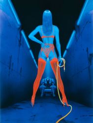 Rule 34 | 1980s (style), 1girl, a.d. police files, alternate color, ass, back-seamed legwear, backview, billy fanword, blood, blood stain, blue hair, blue light, blue skin, blue theme, boomer, bra, cable, ceiling, colored skin, crack, cyborg, dark room, floor, from below, full body, garter belt, garter straps, hand on own hip, high heels, highleg, highleg panties, highres, hip focus, holding, indoors, lace, lace panties, lingerie, long hair, machine, metal, neon lights, nude, oldschool, panties, perspective, plug, police, police uniform, policeman, red bra, red footwear, red panties, retro artstyle, seamed legwear, see-through clothes, shoes, sitting, standing, stiletto heels, takagi youko, thighhighs, tony takezaki, underwear, underwear only, wall, yellow theme