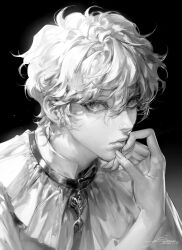 androgynous eyelashes greyscale hand_up highres jewelry lips monochrome neck_ribbon necklace nose original realistic ribbon short_hair solo vlfdus_0