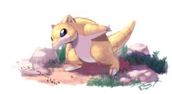 ant bug commentary_request creatures_(company) game_freak gen_1_pokemon grass highres bug leaning_forward nintendo no_humans nogi_(sakanashikatabenai) pokemon pokemon_(creature) purple_eyes rock sandshrew signature standing