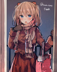 Rule 34 | 1girl, bad id, bad pixiv id, blue eyes, blush, brown hair, carrying bag, coat, elbow carry, gloves, ikeuchi tanuma, long hair, looking at viewer, neon genesis evangelion, neon genesis evangelion gakuen datenroku, open mouth, orange hair, red coat, scarf, solo, souryuu asuka langley, standing, twitter username