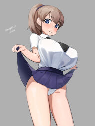1girl absurdres black_necktie blue_eyes blue_skirt breasts clothes_lift collared_shirt dated dress_shirt grey_background highres intrepid_(kancolle) kantai_collection large_breasts maru_(marg0613) necktie one-hour_drawing_challenge panties pleated_skirt ponytail shirt short_hair simple_background skirt skirt_lift solo twitter_username underwear white_panties white_shirt
