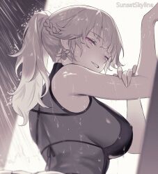 1girl artist_name braid breasts commentary english_commentary greyscale hololive hololive_english large_breasts long_hair looking_at_viewer monochrome parted_lips perfume_(takanashi_kiara) ponytail purple_eyes showering smile solo spot_color sunset_skyline takanashi_kiara takanashi_kiara_(perfume) virtual_youtuber wet