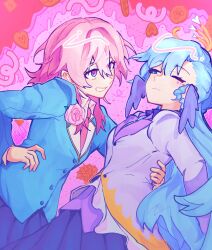 2girls absurdres alternate_costume blue_eyes blue_hair blue_skirt blue_vest caelum17th collared_shirt facial_mark halo highres honkai:_star_rail honkai_(series) long_hair looking_at_another march_7th_(honkai:_star_rail) medium_hair multicolored_eyes multiple_girls one_eye_closed pink_eyes pink_hair purple_vest robin_(honkai:_star_rail) shirt skirt smile two-tone_eyes vest