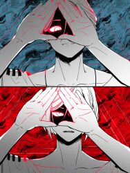 Rule 34 | 1boy, 1girl, b1ue e4rth, blue background, closed mouth, eye of providence, greyscale with colored background, hands up, highres, kisaragi ayumi, looking at viewer, looking through fingers, meguriya ayumu, open hands, open mouth, protected link, red background, shirt, short hair, smile, split screen, split theme, spoilers, toshi densetsu kaitai center, triangle hands, upper body