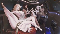 5girls alcohol black_dress black_footwear blue_eyes bodystocking breasts breasts_out car car_interior center_opening centurii-chan_(character) character_request coat collarbone commentary covered_erect_nipples covered_navel covering_privates crossed_legs crossover dark-skinned_female dark_skin digitan_(porforever) dress english_commentary exhibitionism full_body gold_dress hair_in_own_mouth hair_over_one_eye headphones highres huge_breasts large_breasts limousine limousine_interior lips long_hair looking_at_viewer lying medium_hair motor_vehicle multiple_crossover multiple_girls night nipples no_bra no_panties on_back open_clothes open_coat open_mouth original platform_footwear plunging_neckline public_indecency red_eyes red_hair revealing_clothes shoes silver_dress sitting sleeveless sleeveless_dress the_kite thigh_strap toeless_footwear very_long_hair white_hair