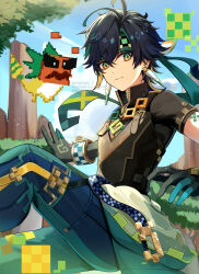 Rule 34 | 1boy, 1other, ajaw (genshin impact), arm tattoo, black gloves, black hair, black shirt, blue pants, closed mouth, commentary, earrings, genshin impact, gloves, green eyes, green hair, hair between eyes, headband, highres, jewelry, kinich (genshin impact), looking at viewer, male focus, miyanami 3, multicolored hair, multicolored pants, pants, shirt, short hair, short sleeves, tattoo, upper body, white background