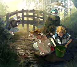 1girl 2boys absurdres bag barefoot black_sweater blonde_hair braid bridge brown_hair bucket bush chair day dress fishing_rod green_eyes grey_hair hat highres kurotayan kuzuha_(1st_costume)_(nijisanji) kuzuha_(nijisanji) lake lobster long_hair makaino_ririmu makaino_ririmu_(3rd_costume) multiple_boys nijisanji outdoors pants parasol plant red_eyes sandals see-through_clothes see-through_skirt shirt short_hair short_sleeves shoulder_bag skirt sleeveless squatting straw_hat sundress sweater tree turtleneck turtleneck_sweater twin_braids umbrella uzuki_kou uzuki_kou_(1st_costume) virtual_youtuber white_dress