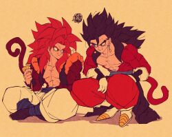 bare_pectorals biceps black_hair blue_eyes blue_sash body_fur brown_fur dragon_ball dragon_ball_gt dragon_ball_heroes earrings fusion fusion_dance gogeta highres jewelry metamoran_vest monkey_boy monkey_tail no_nipples obi pectorals potara_earrings red_fur relio_db318 sash spiked_hair super_saiyan super_saiyan_4 tail vegetto vegetto_(xeno)