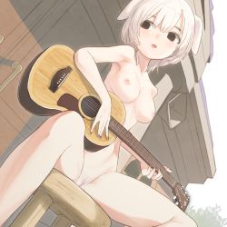 1girl animal_crossing animal_ears black_nails breasts brown_eyes casual_nudity cleft_of_venus completely_nude dog_ears dog_girl fangs female_pubic_hair fingernails genderswap genderswap_(mtf) guitar highres holding holding_instrument instrument k.k._slider_(animal_crossing) looking_to_the_side medium_breasts miyako_(naotsugu) nail_polish nintendo nipples nude nudist open_mouth pubic_hair pussy short_hair sitting solo spread_legs white_hair white_pubic_hair
