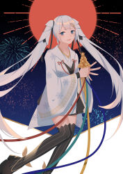 Rule 34 | 1girl, absurdres, ankle bow, ankle ribbon, black boots, black bow, black hakama, black ribbon, black thighhighs, blue eyes, blunt bangs, boots, border, bow, commentary request, dress, fireworks, flower, foot out of frame, grey hair, hair between eyes, hair bow, hair flower, hair ornament, hair ribbon, hairclip, hakama, hakama short skirt, hakama skirt, happy, hatsune miku, highres, holding, japanese clothes, kimono, kimono dress, kirina zero, layered sleeves, long hair, long sleeves, musical note, musical note print, night, night sky, object request, open mouth, outdoors, outside border, platform boots, pointy nose, red ribbon, ribbon, short dress, skirt, sky, smile, snowflake print, solo, star (sky), starry sky, striped clothes, striped thighhighs, thighhighs, twintails, vertical-striped clothes, vertical-striped thighhighs, very long hair, vocaloid, white border, white kimono, wide sleeves, yellow bow, yellow flower, yuki miku, yuki miku (2018)