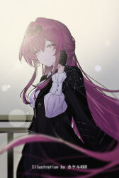 1girl alternate_hair_length alternate_hairstyle artist_name black_gloves black_jacket breasts closed_mouth commentary_request earrings eyewear_on_head glasses gloves half_gloves hand_up highres honkai:_star_rail honkai_(series) jacket jewelry kafka_(honkai:_star_rail) large_breasts long_hair looking_at_viewer outdoors pince-nez purple_eyes purple_hair round_eyewear shirt smile solo srpzk sunglasses very_long_hair white_shirt