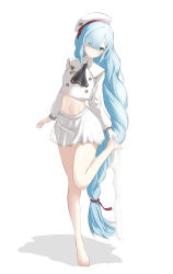 Rule 34 | 1girl, absurdres, aqua eyes, ascot, azur lane, bare legs, black ascot, blue hair, braid, closed mouth, collar, commentary request, crop top, crop top overhang, cropped shirt, expressionless, eyes visible through hair, feet, fluffy hair, full body, hair over one eye, hair ribbon, hat, highres, janus (azur lane), janus (fear of changing...clothes) (azur lane), leg up, legs, long bangs, long hair, long sleeves, midriff, miniskirt, navel, noshibukuro, pleated skirt, red ribbon, removing legwear, ribbon, school uniform, shadow, shirt, simple background, single braid, skirt, solo, standing, standing on one leg, thighhighs, very long hair, white background, white collar, white hat, white shirt, white skirt, white thighhighs