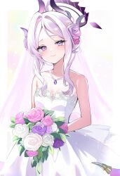 1girl alternate_costume black_halo black_horns blue_archive blush bouquet bridal_veil closed_mouth collarbone commentary_request dress felnemo flower gem hair_flower hair_ornament halo highres hina_(blue_archive) holding holding_bouquet horns long_hair looking_at_viewer multiple_horns pink_flower purple_eyes purple_flower purple_gemstone smile solo strapless strapless_dress translation_request veil very_long_hair wedding_dress white_dress white_flower white_hair white_veil