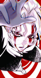 Rule 34 | 1boy, akinoazi, alternate form, commentary request, dandadan, facial mark, from above, glasses, looking at viewer, male focus, open mouth, red eyes, round eyewear, short hair, solo, takakura ken (dandadan), takakura ken (transformed) (dandadan), transformation, white hair