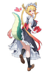 1girl :d absurdres back_bow black_dress black_socks blonde_hair blush bow box breasts colored_tips dead_10001 dragon_girl dragon_horns dragon_tail dress elbow_gloves frilled_dress frilled_sleeves frills from_behind full_body gift gift_box gloves gradient_hair hair_between_eyes heart heart-shaped_box highres holding holding_box holding_gift horns kneehighs kneepits kobayashi-san_chi_no_maidragon large_breasts large_tail loafers long_hair looking_at_viewer looking_back maid maid_headdress multicolored_hair neckerchief open_mouth orange_eyes orange_hair pinafore_dress puffy_short_sleeves puffy_sleeves red_bow red_eyes red_hair red_neckerchief scales shirt shoes short_sleeves sidelocks simple_background sleeveless sleeveless_dress slit_pupils smile socks solo standing standing_on_one_leg tail teeth tohru_(maidragon) transparent_background twintails two-tone_hair upper_teeth_only valentine very_long_hair white_background white_gloves white_shirt
