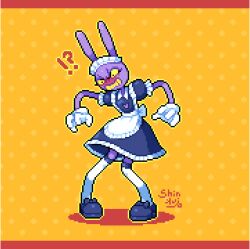 !? 1boy animal_ears apron black_dress black_shoes blush border clenched_teeth colored_sclera colored_skin commentary_request crossdressing crossdressing_(mtf) dress embarrassed full_body gloves jax_(the_amazing_digital_circus) maid maid_headdress male_focus orange_border pixel_art purple_skin rabbit_boy rabbit_ears shinku_castle shoes solo surprised teeth the_amazing_digital_circus thighhighs waist_apron white_apron white_gloves white_thighhighs white_trim wide-eyed yellow_background yellow_sclera