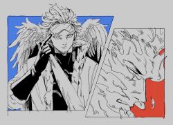 Rule 34 | 2boys, boku no hero academia, closed mouth, coat, commentary, endeavor (boku no hero academia), facial hair, fiery beard, fiery hair, gloves, goatee stubble, goggles, goggles on head, greyscale, grimace, hawks (boku no hero academia), highres, holding, kogu (nue insideout), male focus, monochrome, multiple boys, short hair, spot color, stubble, symbol-only commentary, wings