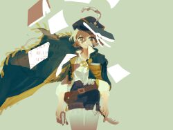 Rule 34 | 1girl, absurdres, belt, belt pouch, black shorts, black vest, book, brown belt, brown hair, cape, cowboy shot, floating cape, flying paper, green background, green cape, green eyes, green hat, hair between eyes, hat, hat feather, highres, holding, holding notebook, holding quill, looking at viewer, mole, mole under eye, newsboy cap, notebook, open clothes, open vest, pantyhose, paper, pouch, quill, recoleta (reverse:1999), reverse:1999, shirt, short hair, short shorts, shorts, solo, tn kn1000, vest, watermark, white pantyhose, white shirt