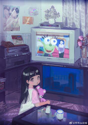 1girl black_hair chips_(food) food highres looking_at_viewer non-web_source potato_chips sitting solo table television watching_television