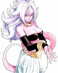 1girl absurdres android_21 bare_shoulders black_tube_top blue_eyes breasts cleavage colored_skin commentary cowboy_shot dragon_ball dragon_ball_fighterz earrings english_commentary harem_pants highres hoop_earrings jewelry large_breasts long_hair pants parted_lips pink_skin pointy_ears silverwoodwork simple_background smile solo strapless tube_top white_background white_hair white_pants
