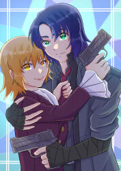 Rule 34 | 1boy, 1girl, absurdres, arm around shoulder, ascot, athrun zala, blonde hair, blue eyes, cagalli yula athha, couple, formal clothes, green eyes, grey jacket, gun, gundam, gundam seed, gundam seed freedom, hand on another&#039;s shoulder, highres, holding, holding gun, holding necktie, holding weapon, jacket, looking at viewer, necktie, pant suit, pants, red necktie, short hair, smile, suit, user kunf8626, weapon, white ascot, yellow eyes
