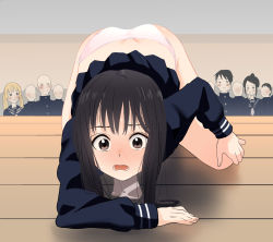 accidental_exposure all_fours ass black_hair blush brown_eyes clumsy embarrassed humiliation indoors long_hair open_mouth original panties pantyshot pink_panties pleated_skirt sarura school_uniform skirt solo_focus underwear wooden_floor