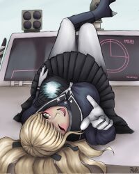 1girl black_ribbon blonde_hair brown_eyes female_focus hair_ribbon kawana_tsubasa last_defense_academy_school_uniform long_hair looking_at_viewer lying mole mole_under_mouth on_back one_eye_closed open_mouth pointing pointing_at_viewer ribbon simple_background solo solo_focus teeth the_hundred_line_-last_defense_academy- tongue upper_teeth_only white_background wink