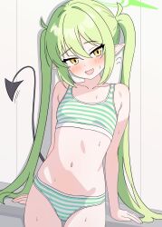 1girl absurdres arm_support black_tail blue_archive blush bra breasts collarbone demon_tail green_bra green_hair green_halo green_panties hairclip_(user_rasc5457) halo highres leaning_back loli long_hair looking_at_viewer navel nozomi_(blue_archive) panties pointy_ears slit_pupils small_breasts solo striped_bra striped_clothes striped_panties tail twintails underwear underwear_only yellow_eyes