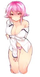 1girl bad_id bad_twitter_id blush breasts chaos;child embarrassed female_focus highres no_bra onoe_serika red_eyes rotte_(1109) shirt solo sweat thighs