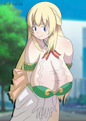 Rule 34 | 1girl, absurdres, artist name, blonde hair, blue eyes, blush, breasts, cleavage, dress, gloves, hands on legs, hands on own legs, hanging breasts, highres, large breasts, legs, long hair, looking at viewer, neptune (series), seductive smile, smile, solo, thighs, vert (neptunia)