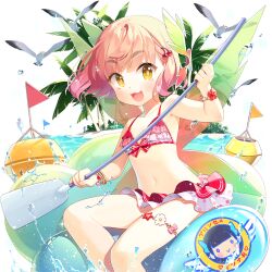 1girl bikini bird blunt_bangs flag frilled_bikini frills holding holding_oar kanna_(uchihime) oar on_innertube palm_tree pink_hair red_bikini salt_(salty) short_hair sitting swimsuit tree uchi_no_hime-sama_ga_ichiban_kawaii water wings yellow_eyes