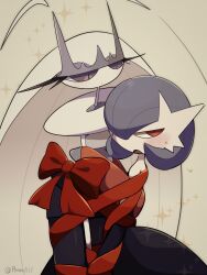 a-nya antennae artist_name black_dress black_gloves blue_hair blush bob_cut bound_together bow colored_skin dress elbow_gloves gardevoir gen_3_pokemon gen_7_pokemon gloves hair_over_one_eye half-closed_eyes highres long_hair mega_gardevoir mega_pokemon multicolored_skin nintendo pheromosa pokemon pokemon_(creature) purple_eyes red_bow red_eyes red_ribbon restrained ribbon sweatdrop ultra_beast white_skin