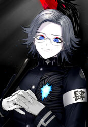 1boy aotsuki_eito armband black_jacket blue_eyes eyeliner glasses gloves grey_hair highres holding holding_scythe hole_in_chest hole_on_body interlocked_fingers jacket last_defense_academy_school_uniform makeup male_focus own_hands_together red_eyeliner school_uniform scythe seiran_yoroz short_hair smile solo the_hundred_line_-last_defense_academy- upper_body white_armband white_gloves