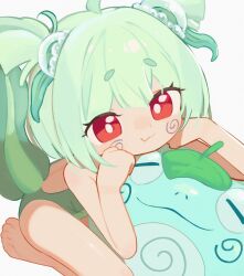 1girl 1other 2025 ahoge barefoot breasts flat_chest frobble frog_girl green_hair indie_virtual_youtuber leaf leaf_on_head loli notkuriimu rebbi_rompin red_eyes sitting small_breasts white_background