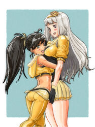 Rule 34 | 2girls, between breasts, beyond the nobles (idolmaster), beyond the vibes (idolmaster), black hair, blue background, blush, border, breasts, face between breasts, flower, ganaha hibiki, grey hair, hair flower, hair ornament, hairband, head between breasts, height difference, highres, hug, idolmaster, idolmaster (classic), idolmaster sp, long hair, looking at viewer, multiple girls, ooeyama ken, open mouth, outside border, pants, pleated skirt, ponytail, rose, shijou takane, skirt, smile, standing, white border, yellow flower, yellow hairband, yellow pants, yellow rose, yuri