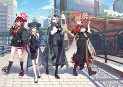 4girls azumi_akitake bare_shoulders black_boots black_gloves black_hair black_jacket black_pants black_skirt blue_archive blue_sky boots braid breasts brown_eyes brown_hair brown_pantyhose building burger butterfly_hair_ornament china_dress chinese_clothes cloud commentary_request crepe day double_bun dress english_text eyewear_on_head food gloves grey_hair grey_jacket grey_scarf hair_bun hair_ornament hair_over_one_eye hair_rings half_gloves halo high-waist_pants high-waist_skirt highres holding holding_food jacket jacket_on_shoulders kisaki_(blue_archive) lace-up_boots large_breasts long_hair long_sleeves medium_breasts mina_(blue_archive) multiple_girls off_shoulder official_art open_clothes open_jacket outdoors pants pantyhose pelvic_curtain pinstripe_jacket pinstripe_pattern puffy_long_sleeves puffy_sleeves railing red_dress red_eyes red_hair red_shirt reijo_(blue_archive) rumi_(blue_archive) scarf shirt short_dress short_sleeves skewer skirt sky sleeveless sleeveless_dress sleeves_past_wrists sunglasses taco tassel thigh_strap twintails very_long_hair walking water watermark white_shirt window