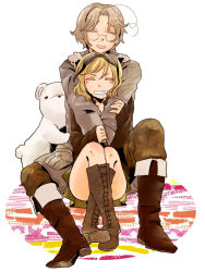1boy 1girl america_(hetalia) axis_powers_hetalia az0212 bad_id bad_pixiv_id bear boots breasts brother_and_sister canada_(hetalia) cleavage genderswap genderswap_(mtf) glasses goggles goggles_on_head grin highres jacket kumajirou_(hetalia) military military_uniform polar_bear siblings smile