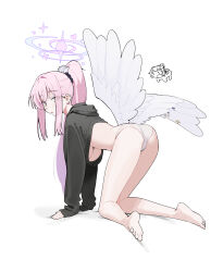 Rule 34 | 1girl, absurdres, all fours, angel wings, ass, black hoodie, blue archive, blush, breasts, feathered wings, hair between eyes, halo, highres, hood, hood down, hoodie, kneepits, large breasts, long hair, long sleeves, mark jin, mika (blue archive), open mouth, panties, pink hair, pink halo, ponytail, simple background, solo, underboob, underwear, white background, white panties, white wings, wings, yellow eyes