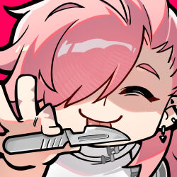 1boy artist_request chibi chibi_only chinese_commentary closed_eyes girls&#039;_frontline girls&#039;_frontline_neural_cloud licking licking_blade licking_weapon official_art partially_shaded_face pink_hair salmon_(neural_cloud) scalpel second-party_source solo tongue tongue_out weapon