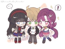 Rule 34 | 1boy, 3girls, ahoge, black boots, black hair, black shirt, blue eyes, blue skirt, blue thighhighs, blush, boots, brown hair, brown shoes, chibi, collared shirt, damon maitsu, diana venecia, eva tsunaka, frilled necktie, full body, glasses, green eyes, holding, holding paper, koiyume31, long hair, low twintails, multiple girls, necktie, paper, pink eyes, pink hair, pink skirt, project: eden&#039;s garden, red necktie, shirt, shoes, skirt, thighhighs, twintails, very long hair