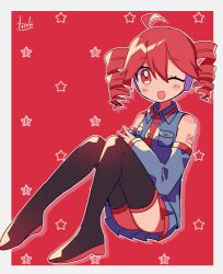 1girl ahoge black_shirt black_shoes black_skirt black_sleeves black_thighhighs blush collared_shirt detached_sleeves double-parted_bangs drill_hair full_body hair_between_eyes headphones kasane_teto kasane_teto_(utau) loafers lowres one_eye_closed open_mouth pleated_skirt red_background red_eyes red_hair red_trim shirt shoes sitting skirt skirt_set sleeveless sleeveless_shirt solo star_(symbol) thighhighs twin_drills utau yuusuke-kun zettai_ryouiki