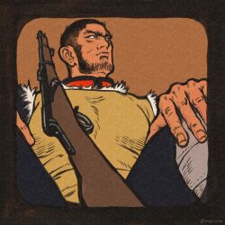 1boy arisaka bara beard black_hair bolt_action brown_theme buzz_cut collared_jacket facial_hair feet_out_of_frame foreshortening from_below gaiters golden_kamuy gun jacket large_pectorals looking_to_the_side male_focus mature_male muscular muscular_male nopinzo pectorals rifle short_hair sideburns solo tanigaki_genjirou thick_eyebrows very_short_hair weapon