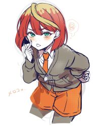 1girl blonde_hair blue_eyes collared_shirt freckles hand_on_own_hip highres jacket long_sleeves looking_at_viewer mela_(pokemon) mipokec multicolored_hair naranja_academy_school_uniform necktie nintendo orange_necktie orange_shorts pokemon pokemon_sv red_hair school_uniform shirt short_hair shorts solo squiggle tongue tongue_out twitter_username two-tone_hair white_shirt zipper_pull_tab