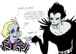 2boys beetlejuice beetlejuice_(character) black_hair black_necktie blonde_hair crossover death_note drawfag english_text fist_bump formal_clothes grin jacket long_sleeves male_focus multiple_boys necktie purple_shirt ryuk sharp_teeth shinigami shirt short_hair simple_background smile striped_clothes striped_jacket suit teeth white_background white_jacket