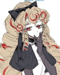 1girl adapted_costume black_dress blonde_hair bow colored_eyelashes cookie_run cookie_run:_kingdom dress flipped_bangs hair_bow highres humanization kouign-amann_cookie long_hair looking_at_viewer mokaink28 multicolored_hair red_streaks simple_background solo very_long_hair