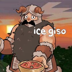 1boy beard bowl brown_hair cowboy_shot dungeon_meshi dwarf facial_hair fake_horns game_screenshot_background helmet highres holding holding_bowl horned_helmet horns incoming_food long_beard looking_at_viewer male_focus meme minecraft muscular muscular_male mustache outdoors rov_(rovmandarina) sanpaku screenshot_background senshi_(dungeon_meshi) solo spanish_text stew sunset thick_mustache translated unfinished very_long_beard