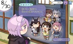 6+girls :d blush cat_girl chibi chibi_only commentary dialogue_box dialogue_options fox_girl highres himemori_luna holding holding_lantern hololive inugami_korone kujirako_(user_wusc5438) lantern looking_outside multiple_girls nekomata_okayu night ookami_mio oozora_subaru open_mouth open_window pointing road shirakami_fubuki smile speech_bubble summer timestamp translation_request twitter_username virtual_youtuber waving window windowsill