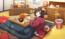 1girl :o animal_ears artist_request blunt_bangs bowl brown_hair chopsticks controller curled_tail cushion dog_ears dog_girl dog_tail drawer floppy_ears food from_above fruit hair_ornament hairpin holding holding_food holding_fruit indoors kotatsu looking_at_viewer mandarin_orange official_art on_floor open_mouth peeling red_robe remote_control robe shibarin_(show_by_rock!!) short_hair show_by_rock!! sitting socks solo sparkle table tail tatami teapot television third-party_source trash_can wariza yellow_eyes