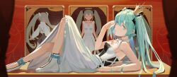 1girl absurdres aqua_eyes aqua_hair blurry boots breasts closed_mouth commentary_request crown depth_of_field dress from_side full_body hand_up hatsune_miku highres knee_up looking_at_viewer mini_crown playing_with_own_hair racing_miku racing_miku_(2022) reclining small_breasts smile sokiu_(dongxiasokiu) solo strapless strapless_dress twintails vocaloid white_boots white_dress